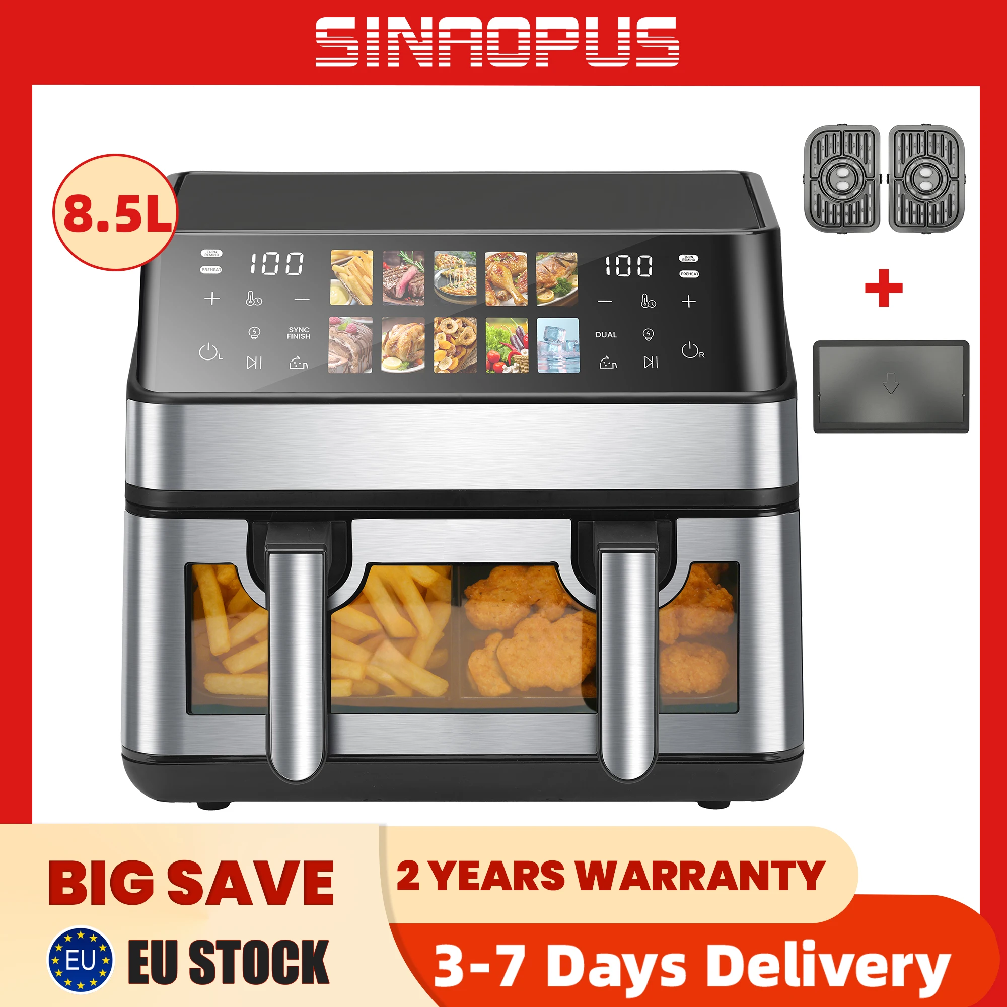 Sinaopus Friteuse à air chaud XXL Airfryer 8,5 L 2000W, écran tactile LED, hublot, fonction four, 10 programmes, sans huile pour famille