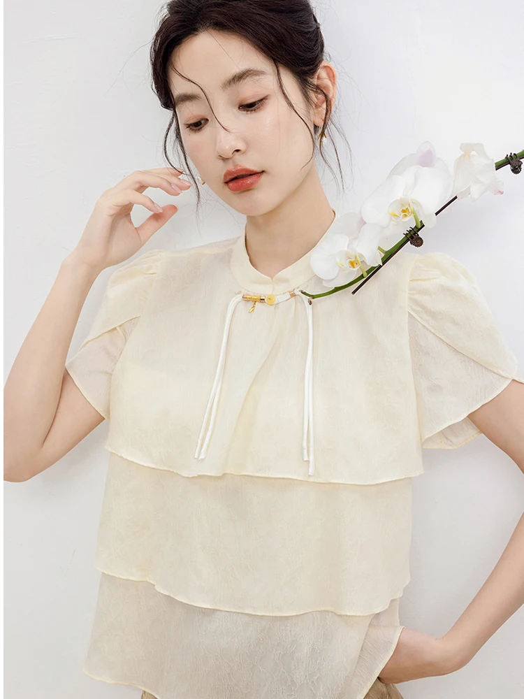 

Niche Design Temperament Shirt 2024 Summer Women Tops Fashion Ruffle Blouse Elegant Short Sleeve Loose Chiffon Shirt