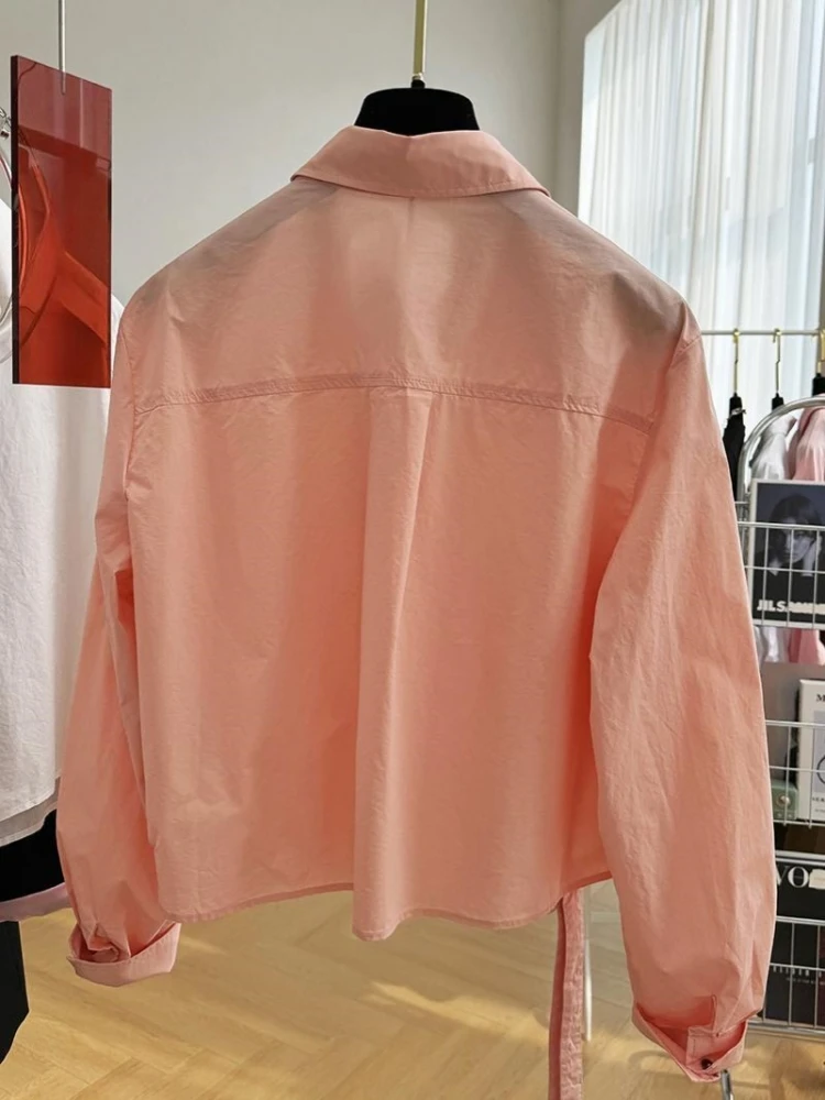 Camisa de manga larga con solapa francesa para mujer, blusa informal holgada, camisa corta con diseño de nicho, primavera 2024