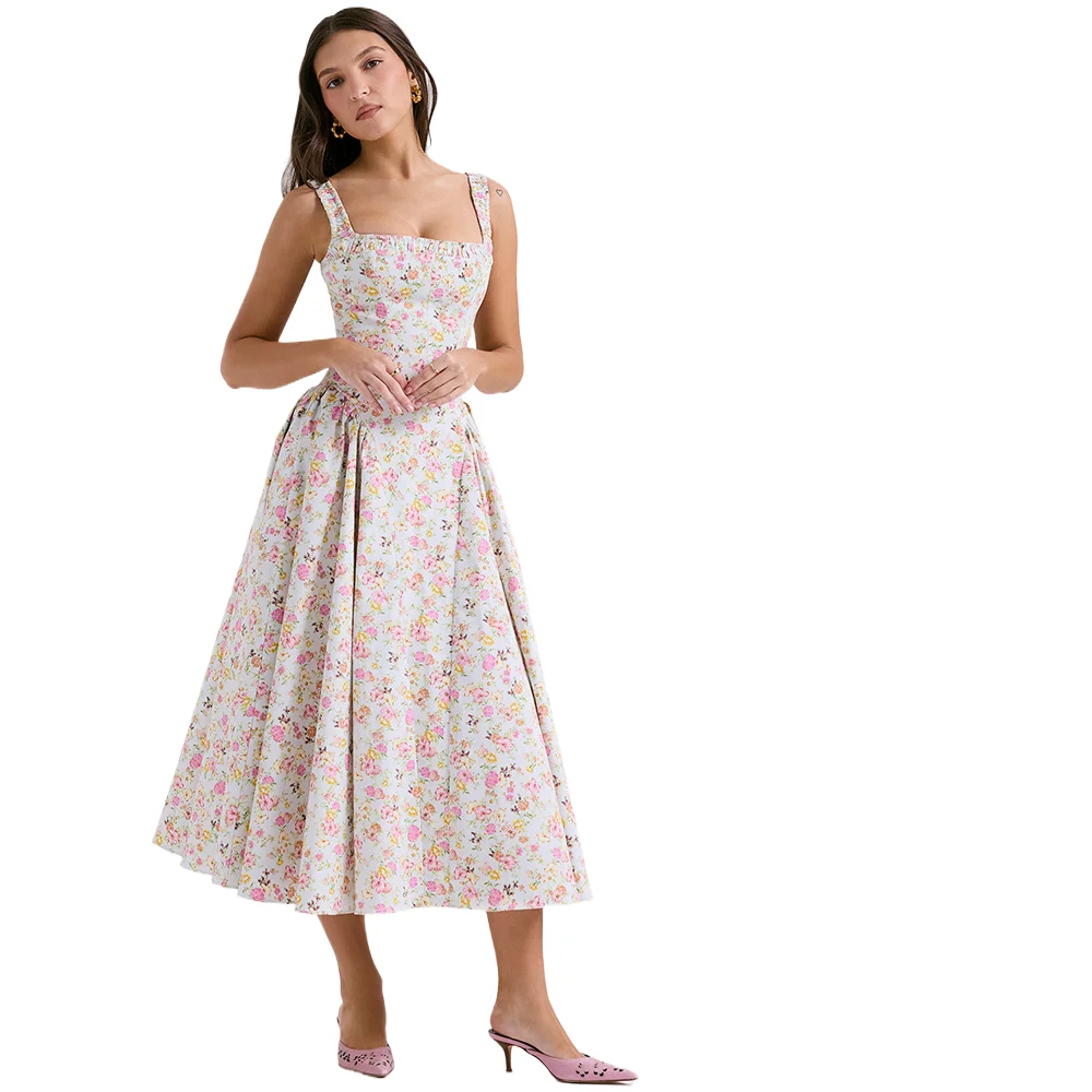 

Flower Print Spaghetti Strap Dresses Women Fashion Sexy Backless Low Cut Folds Vacation Style Slim Midi Dress Female Vestidos