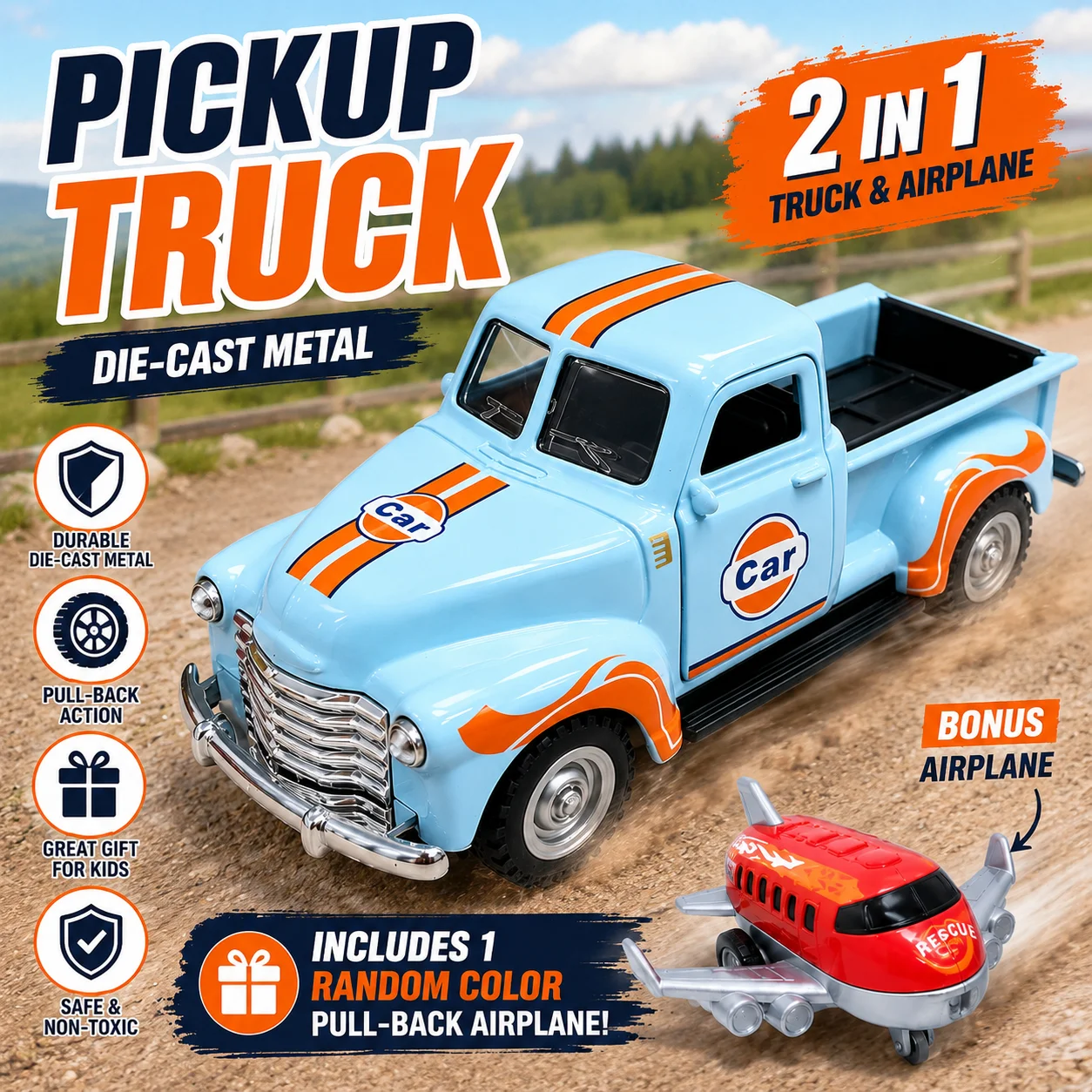 MQUDUO 2 in 1 Alloy Pull Back Pickup Truck Model with Random Color Airplane, Opening Doors Tailgate, Retro Vehicle Gift
