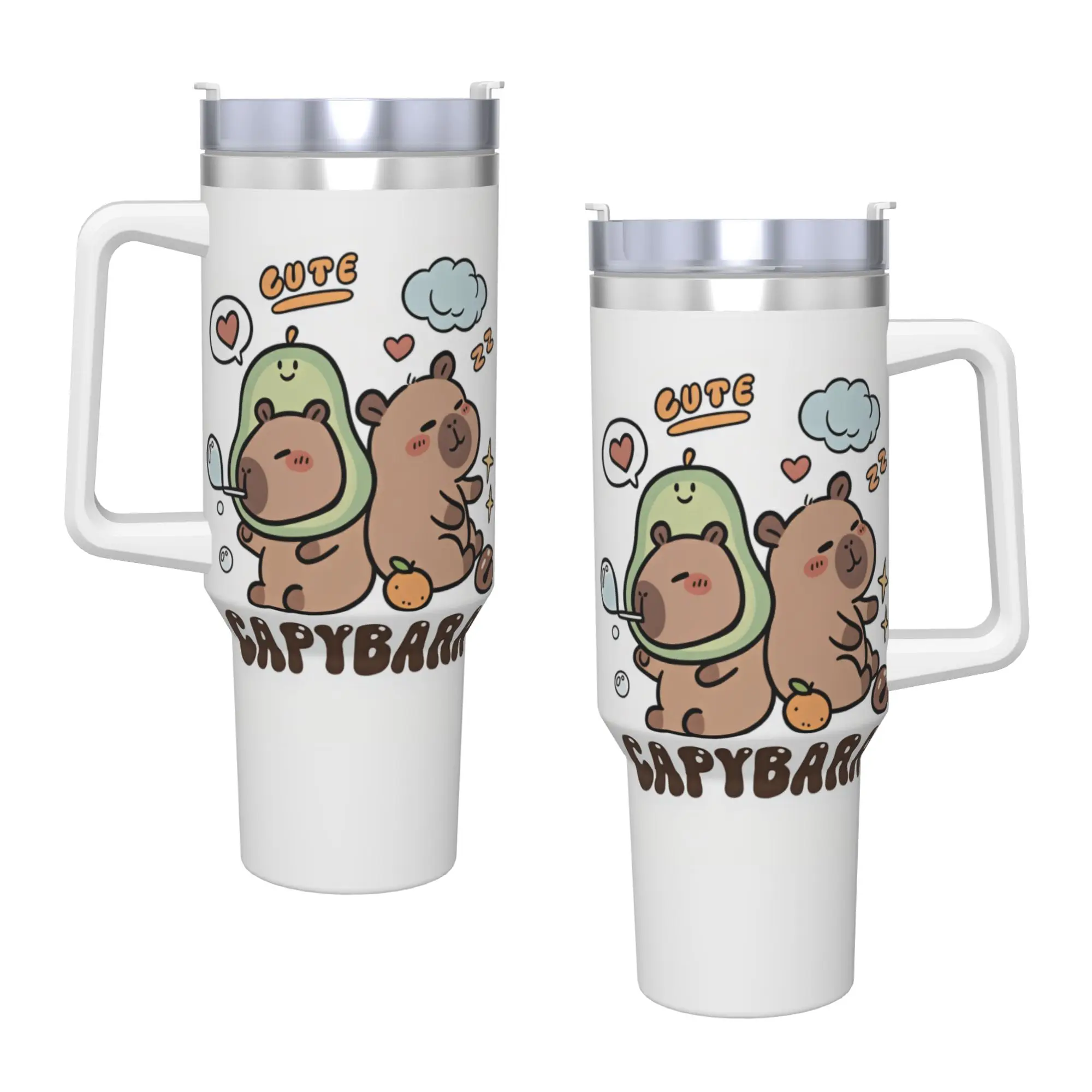 Cute Two Capybara Avocado Orange Star Cartoon Stainless Steel Tumbler  Travel Mug With Straws and Lid Large Capacity Car Mugs