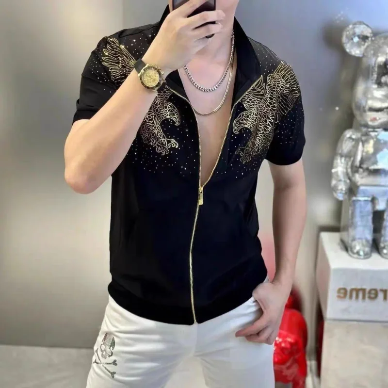 2024 Summer New Men\'s Cardigan Turn-down Collar Zipper Diamonds Fashion Trendy Slim All-match Short Sleeve Casual T-shirt Tops