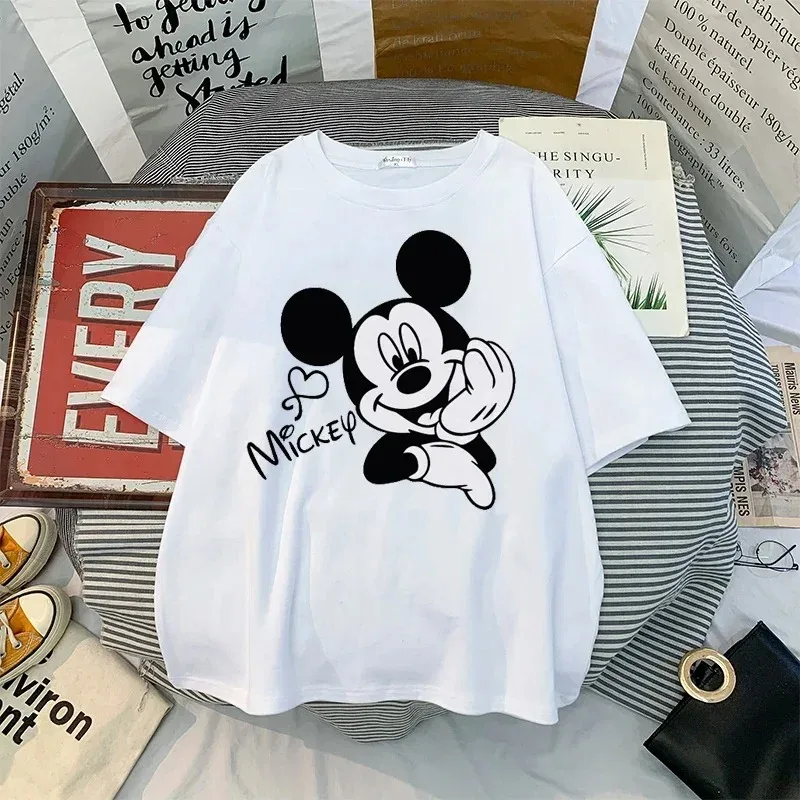 Disney Cartoon Women's T-shirt Kawaii Mickey Mouse Cute Minnie Fashion Casual T-shirt Couple T-shirt Cotton Street Top