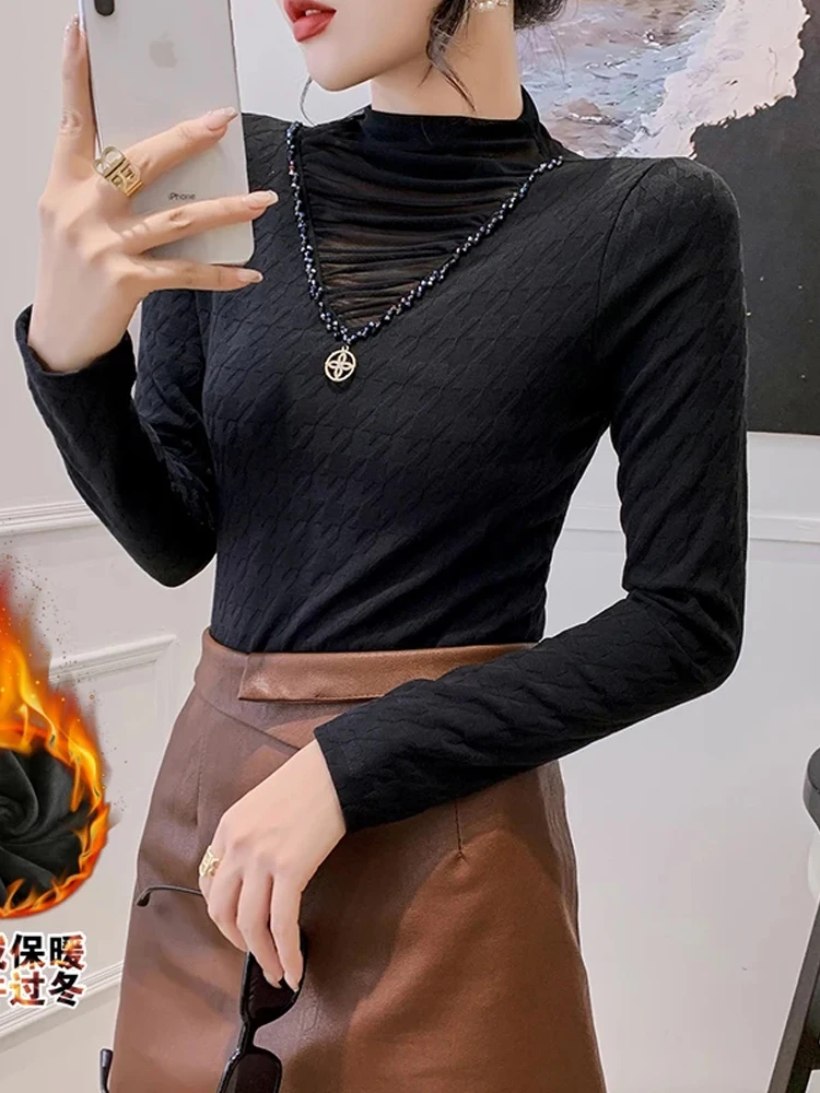 

Winsleter Elegant Basic Clothes Tshirt Long Sleeve Tees Autumn Winter Women Mock Neck Warm Fleece Beaded Tops T30472JC