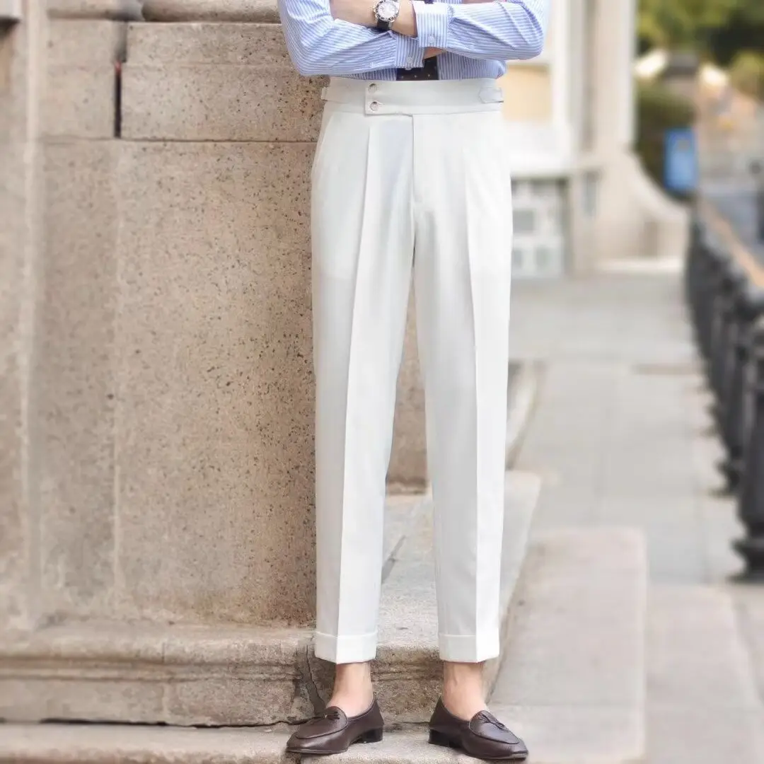 Men's Summer Casual Italian Retro Mid-rise Pants Casual Straight Neapolitan British Business Paris Buckle White Long Trousers