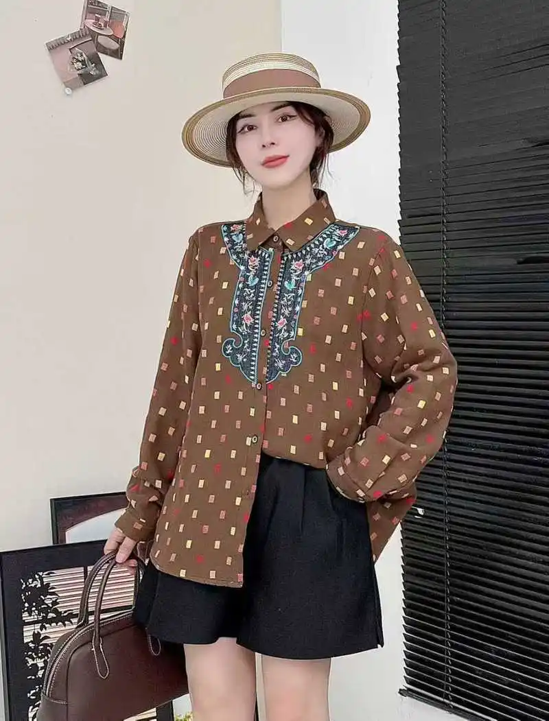 اليابانية خمر موري فتاة مكعب طباعة التطريز المرقعة تي شيرتات قطن المرأة الخريف رفض طوق كم طويل بلوزة غير رسمية
