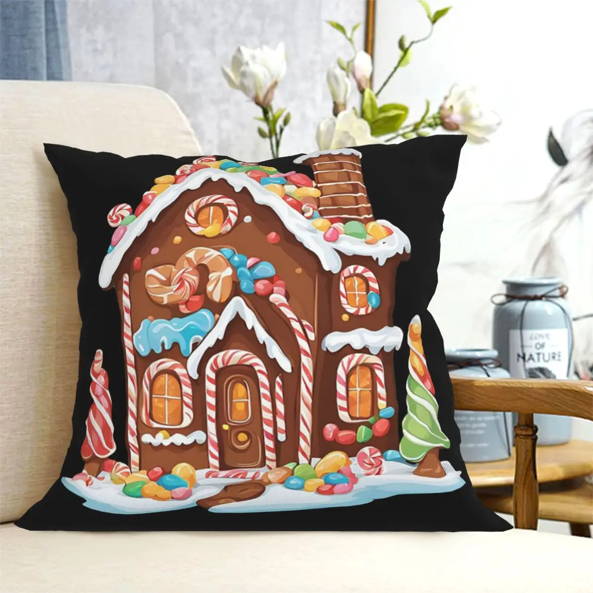 Whimsical Gingerbread House Full Of Joy Square Pillowcase Cushion Cover Pillow Case Throw Pillow Cover for Home Bedroom Car