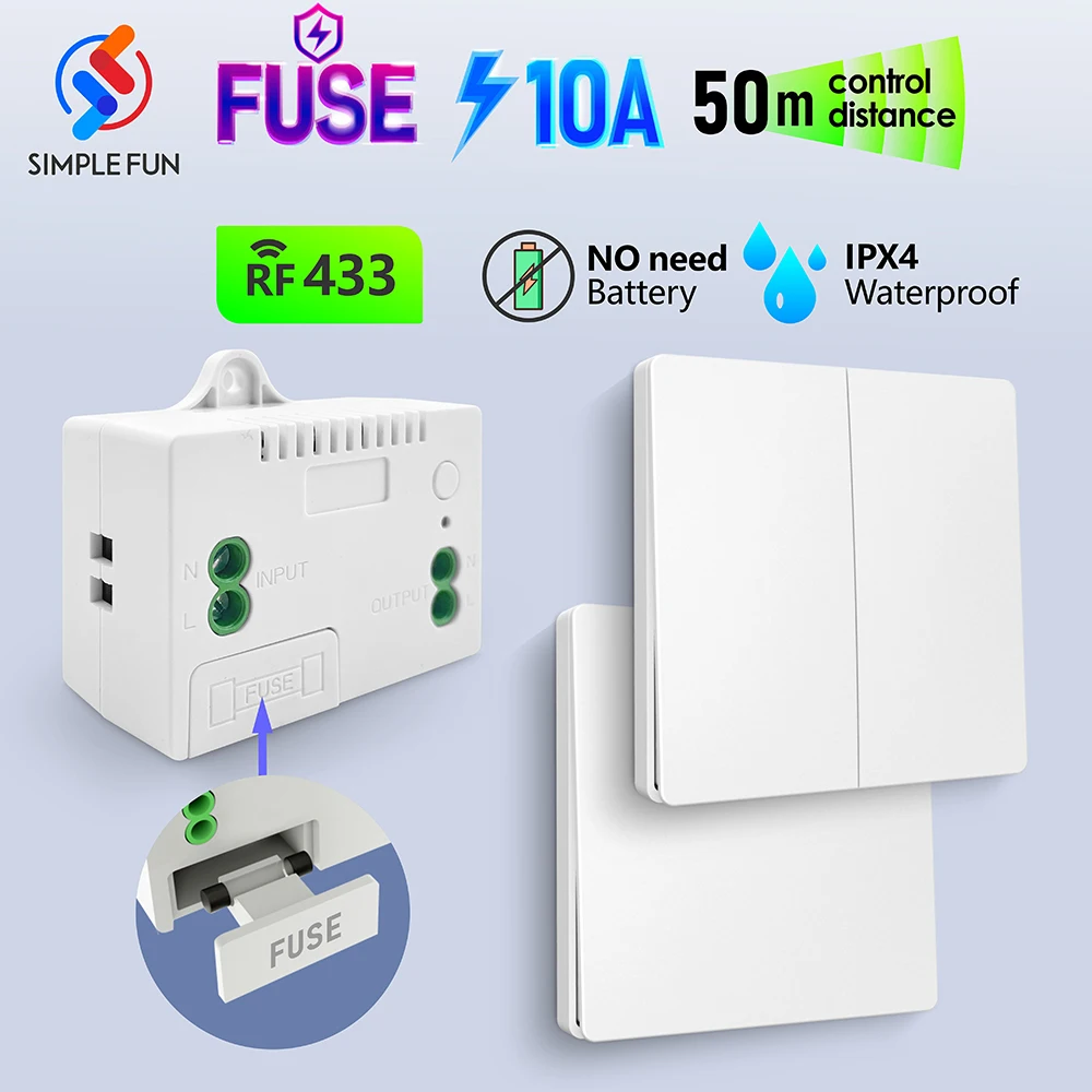 

Wireless Light Switch No Need Battery Push Button Switch Self Power 110V 220V RF Relay Module With Fuse Remote Control for Lamp