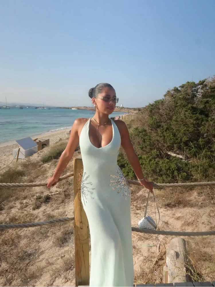 Sexy Hallow Out Knitted Long Dress Women Slim Sleeveless Tube Top Halter Holiday Dresses 2025 Summer Solid See Through Robe