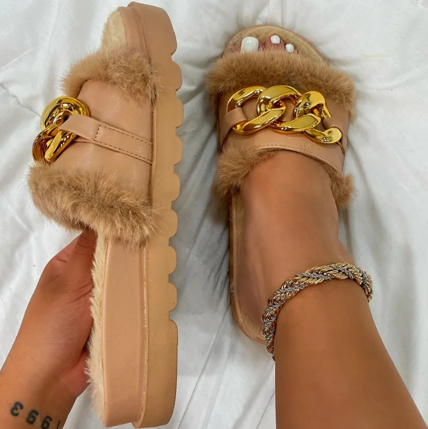 2024 Women Autumn/Winter New Luxury Brand Metal Buckle Hairy Slippers Chain Slippers Home Sandals Fashion Slippers - view 6