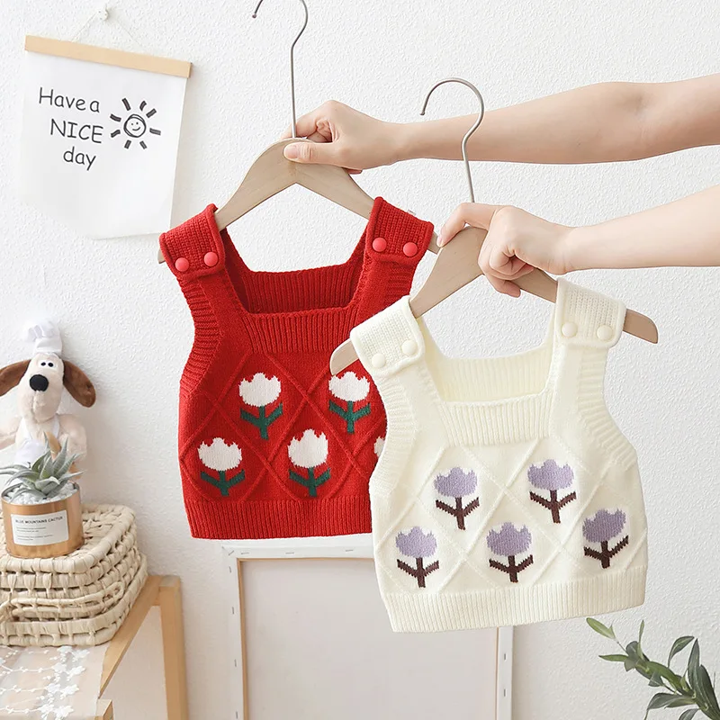 

New Girls' Knitted Vest Sweet Flower Square Neck Sleeveless Sweater Autumn Winter 2025 Children's Warm Suspender Waistcoat ﻿
