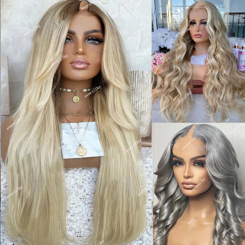 Ombre Ash Platinum Blonde Body Wave/ Straight  U Part Wig 100% Human Hair Highlights Sliver Grey Loose Wavy Full Machine Made