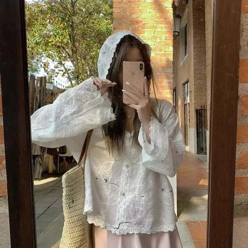 Boring Honey Korean Style Embroidered Crochet Hooded Cover-up Women Spring Casual Loose Long Sleeve Beach Cardigan Solid Color T