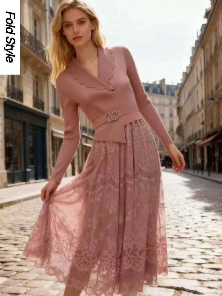 

Miyake French Suit Collar Loose Dress Autumn New African Fashion Splicing Mesh Long Swing Dress