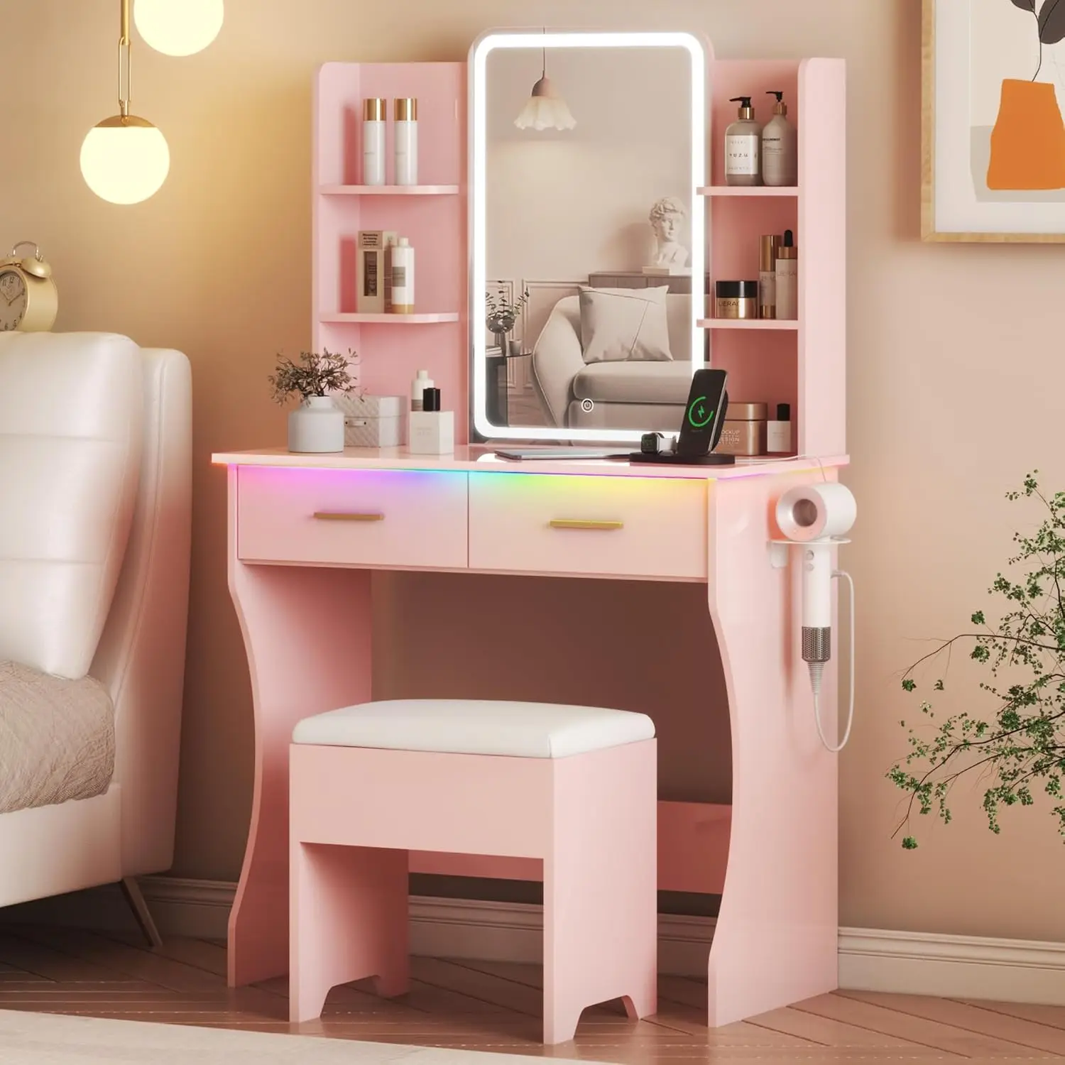 Vanity Desk with LED Lights Mirror & Power Outlet, Small Makeup Vanity Table Set with Storage Drawers & Chair, Pink