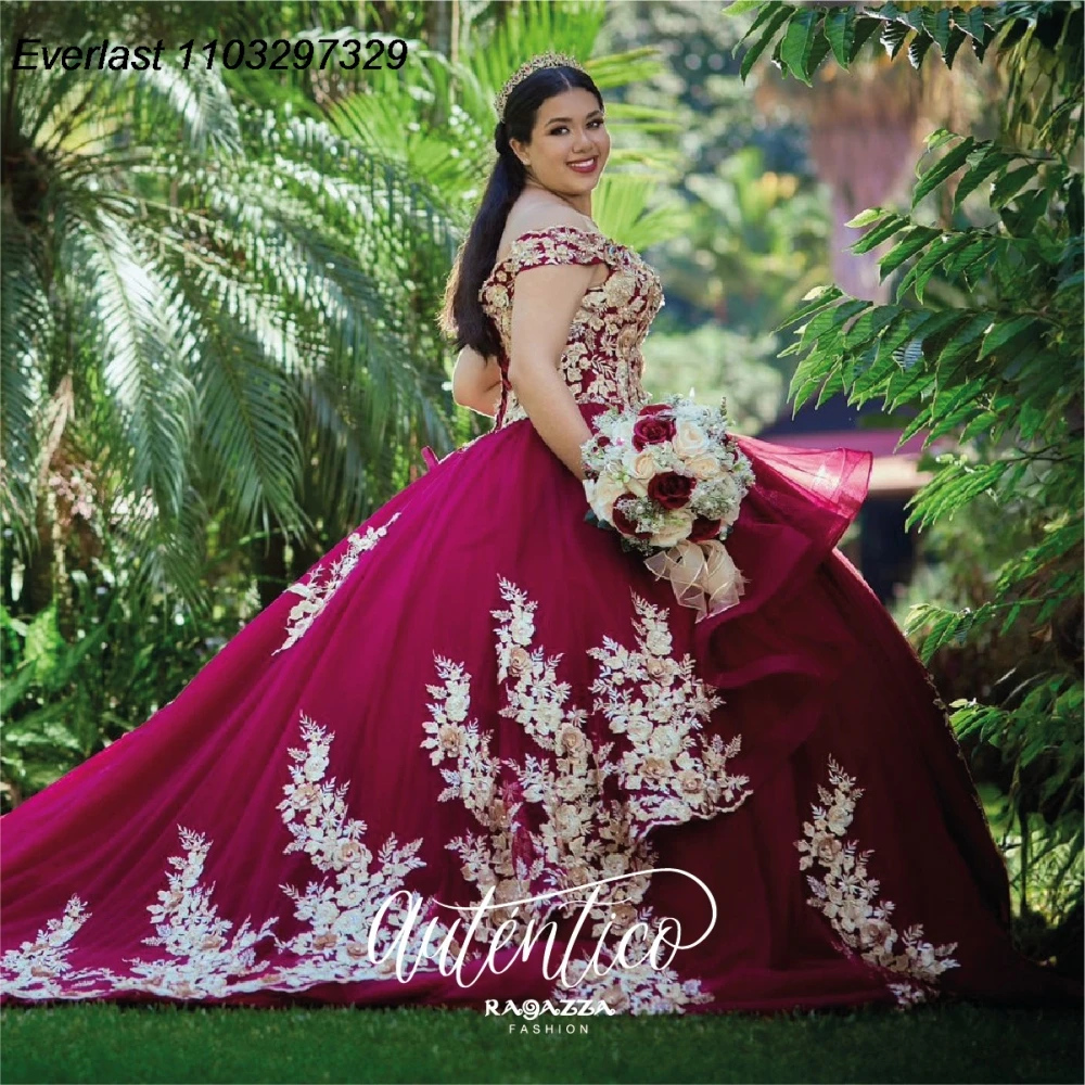 EVLAST Personalizzato Messicano Rosso Abito Quinceanera Abito di Sfera Oro Applique Che Borda A File Dolce 16 Abito Vestido De 15 Anos TQD911