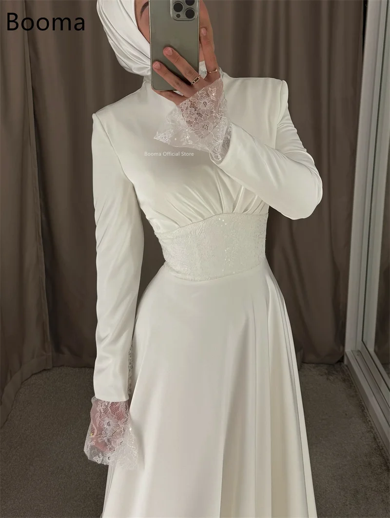 Booma-vestidos de novia elegantes de satén y encaje, corte en A, largo hasta el suelo, manga larga, hecho a medida, Arabia Saudita 2025