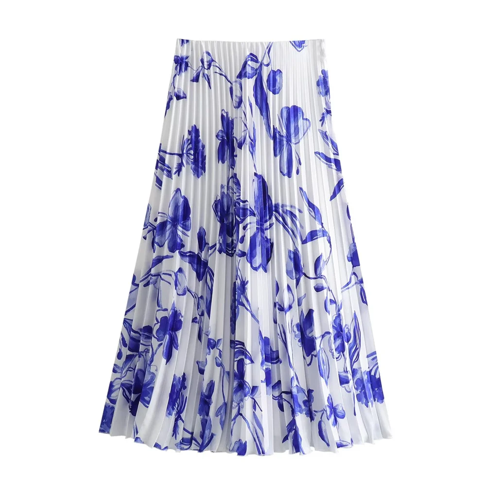 Zach Ailsa 2024 Spring New Product Women\'s Retro Blue Flower Print Interlining Flower Print Pressed Pleated Skirt Set