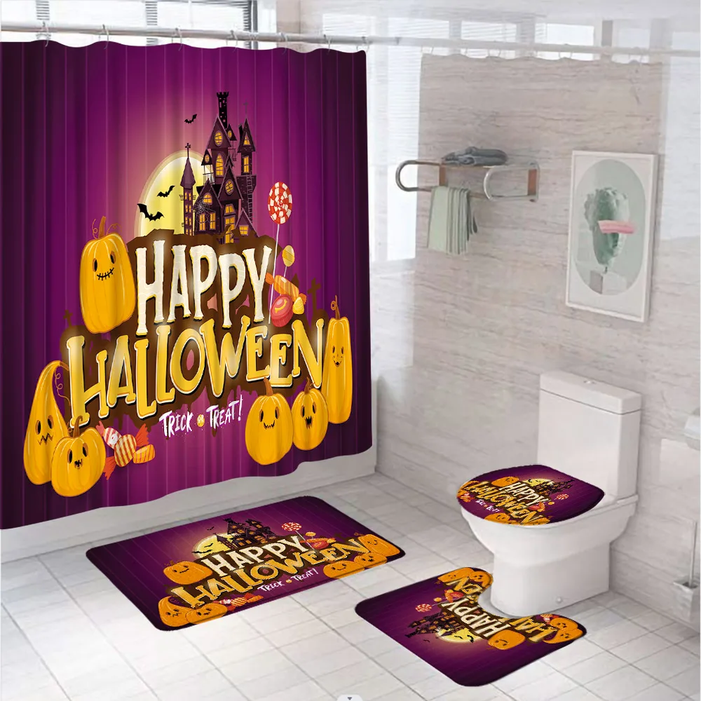 

4Pcs Halloween Pumpkin Castle Shower Curtain Set With Non-Slip Rug Toilet Lid Cover Bath Mat Moon Night Bat Candy Bathroom Decor