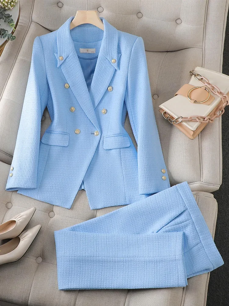 Fashion Blue Khaki Black Plaid Ladies Work Wear Pant Suit 2 Piece Set Women Female Winter Formal Jacket Blazer and Trouser