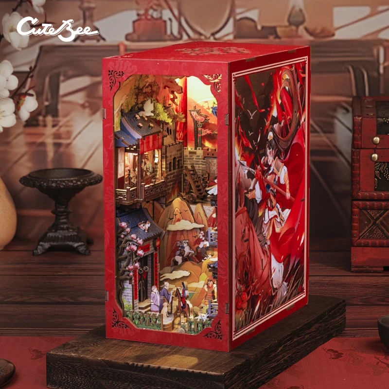 DIY Wooden Book Nook Kit – Chinese Style "Legend of Mulan" Bookshelf Insert with LED Lighting and Dust Cover 3