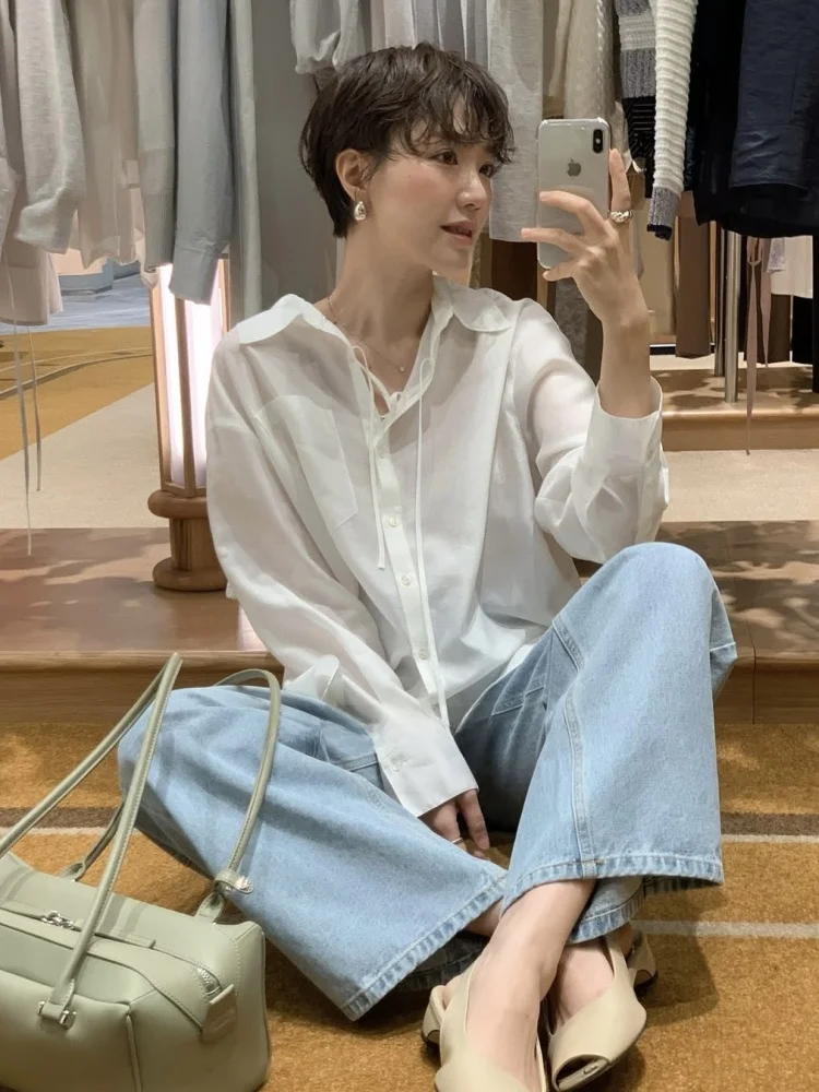 

Бренд LOE Knot Sun Protection irt French Sle Straight Cut из полиэфирного волокна, тонкий длинный воротник све, чистый цвет, женский...