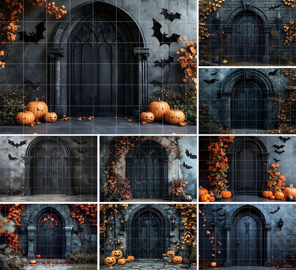 

Mehofond Photography Background Halloween Black Arch Door Pumpkins Kids Birthday Holiday Portrait Decor Backdrop Photo Studio