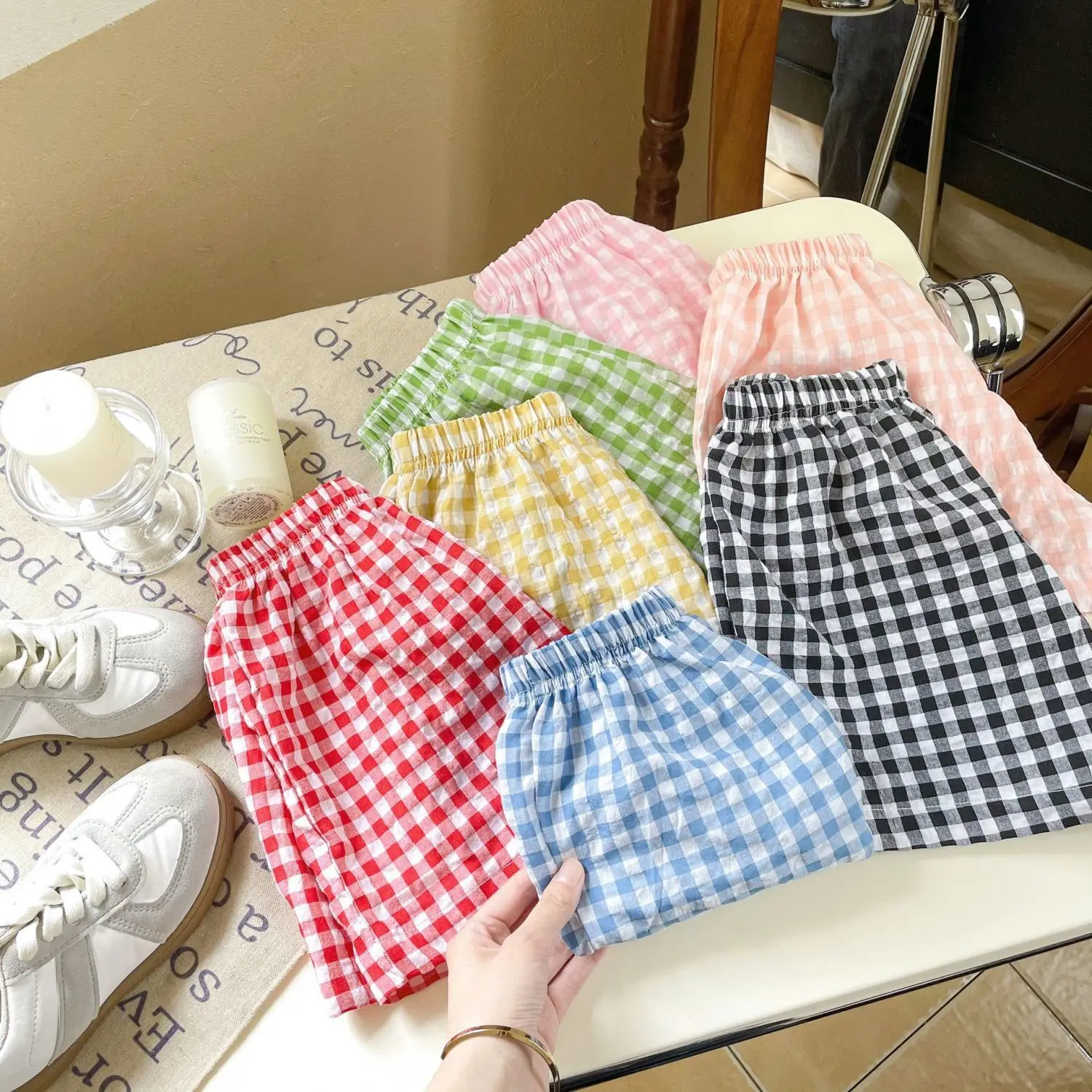 2-7Y Kinder Mädchen Jungen Shorts Kinder Kleidung Blase Baumwolle Gingham Shorts Atmungsaktive Sommer Mückenschutz Pyjama Tragen