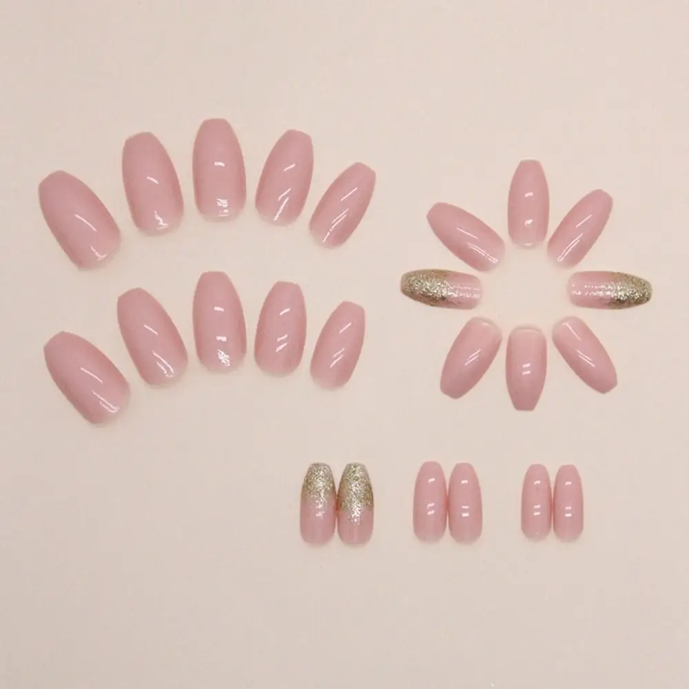 Faux ongles longs ballerine à paillettes dorées et roses, bouts d'ongles français, poignées amovibles, couverture complète, faux N64.DIY, mode, N64.Glitter