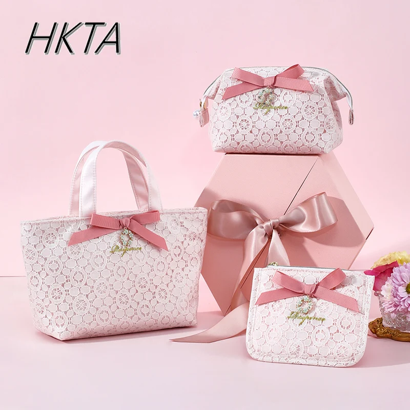 النمط الياباني الدانتيل الربط القوس المحمولة تحمل على لوليتا حقائب مستحضرات التجميل الألغام المرأة الحلو اللؤلؤ تخزين حقيبة مستحضرات تجميل لوليتا فتاة