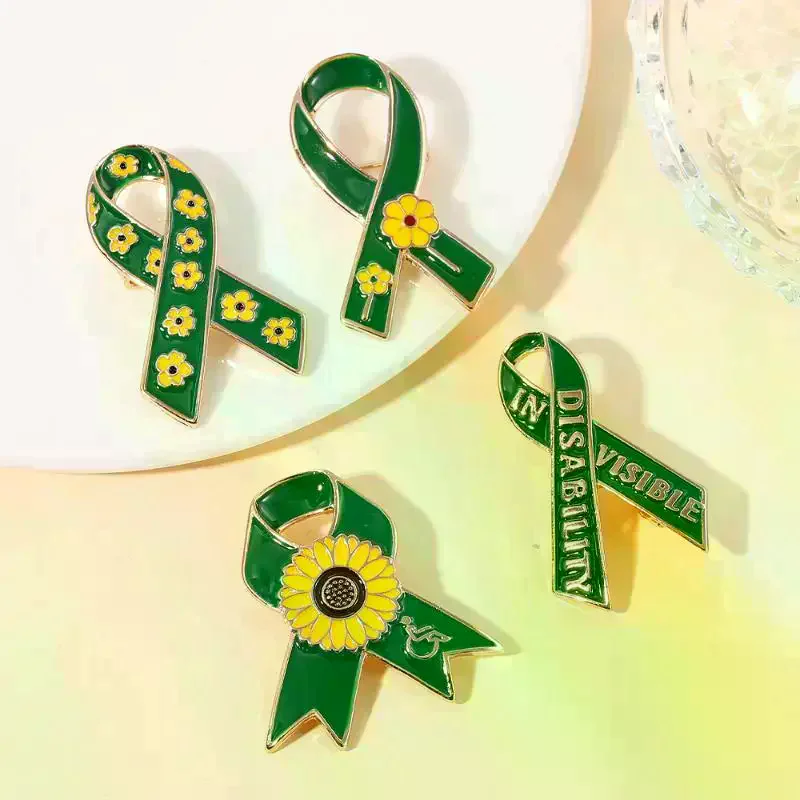 Sunflower Pattern Red Ribbon Theme Lapel Pins Green Disability In Visible Enamel Brooches For Disabled Person