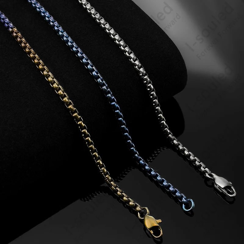 25.6Inch Outstanding Anodized Titanium Round Box Link Chain Blue Necklace Everyday Carry