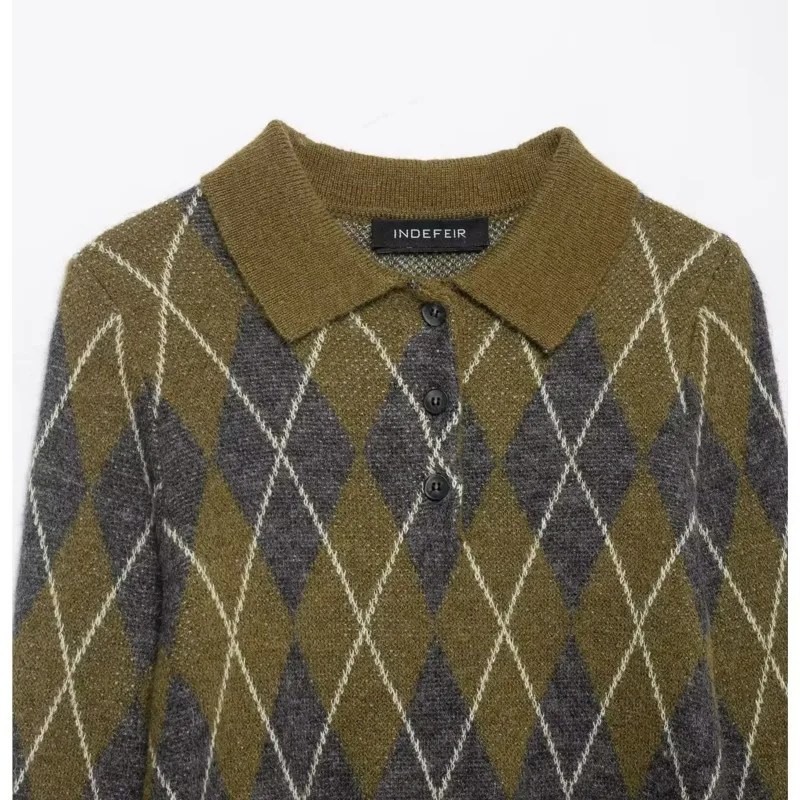 Women's Diamond Knitted Polo Shirts Winter European And American Style Long Sleeves Pullover Female Elegant Tops