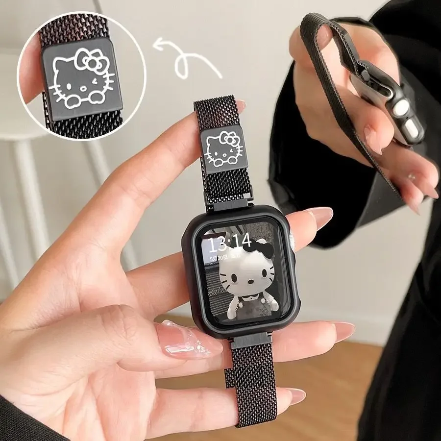 Sanrio Hello Kitty correa de metales para Apple Watch Band 38/40/41/42/44/45/49mm IWatch Apple Watch 8 7 6 5 SE pulsera de lujo de Anime