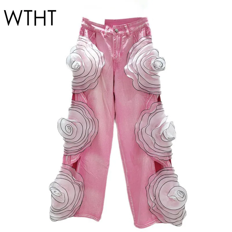 

WTHT New Trendy Women's Spliced 3D Flower Hollow Out Straight Jeans 2025 Summer Fashion High Waist Denim Pants Female 1LS1855