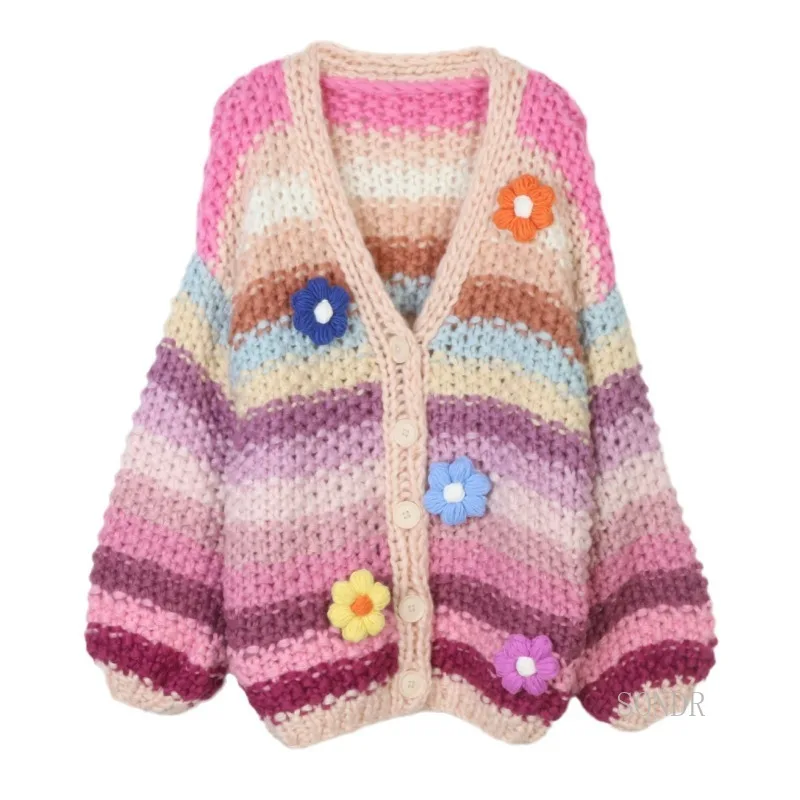 Handmade Rainbow Stripes Knitted Cardigan Women V-neck Contrasting Flower Sweater Jacket Autumn and Winter Sweater Mujer Tops