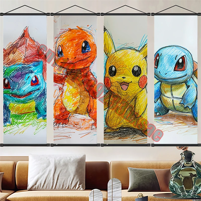 

Classic Anime Pokemon Pikachu, Bulbasaur, Charmander, Squirtle High Quality Art Scroll Drawings for Bedroom Wall Decor Gifts
