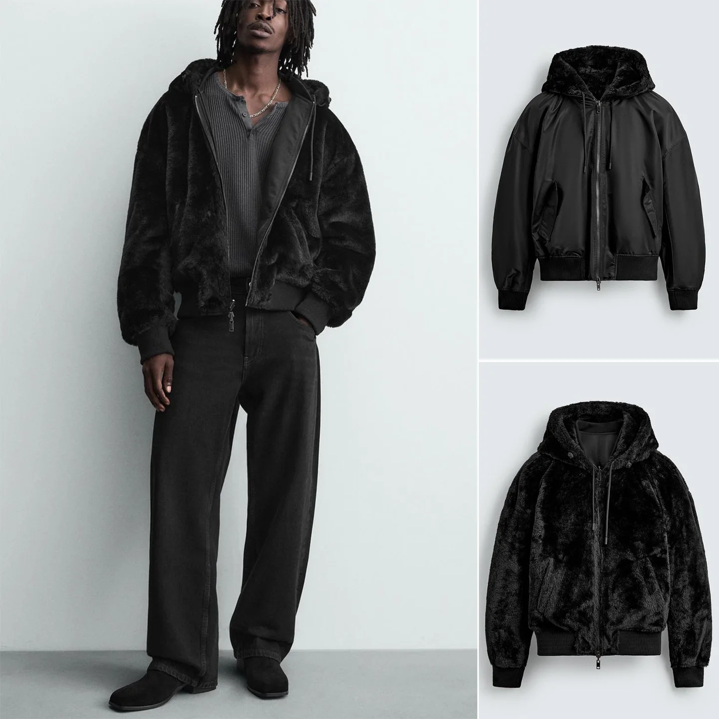 

Новое зимнее мужское двустороннее пальто-пилот из искусственного меха, теплое волокно из полиэфирного волокна, длинная застежка-молния с капюшоном