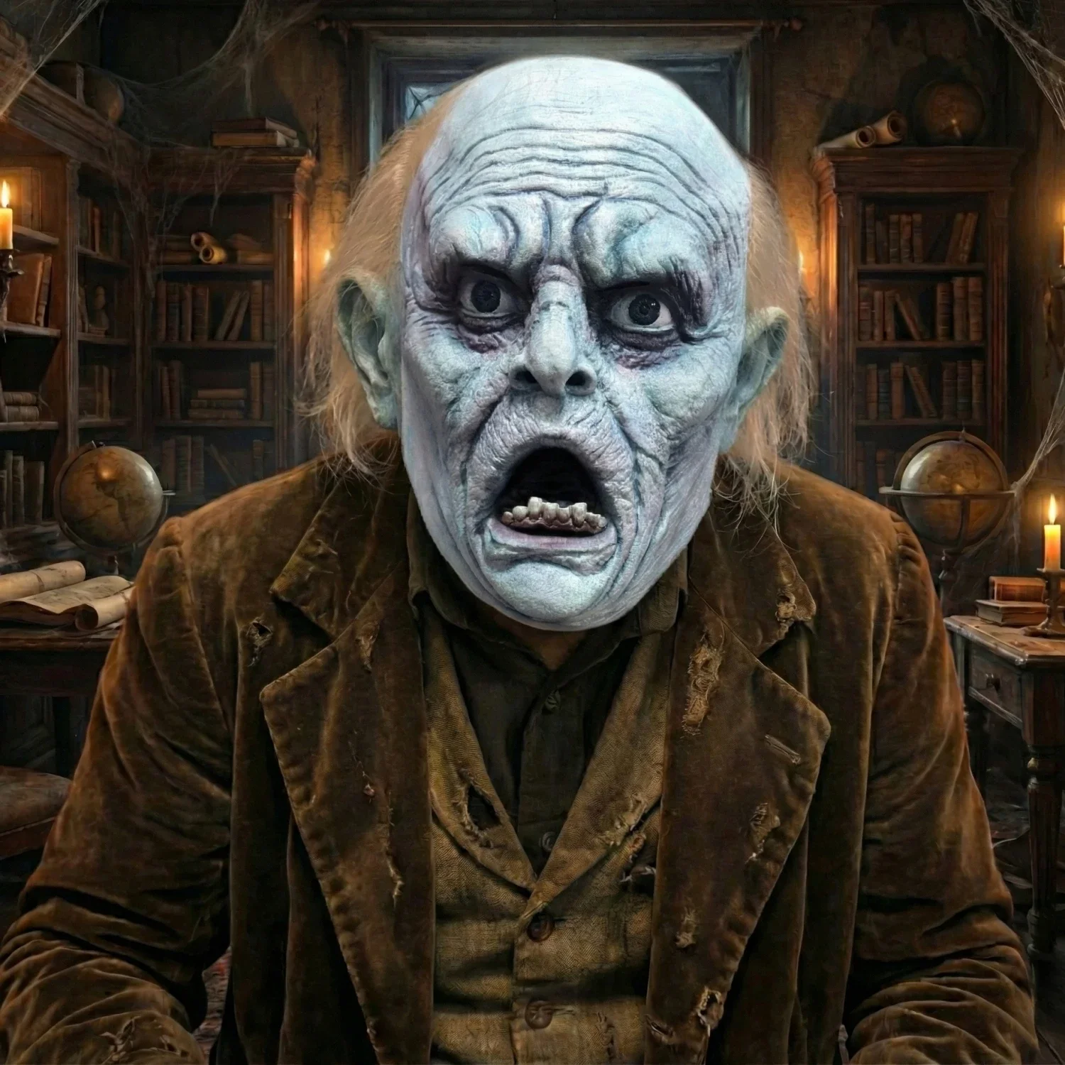 Adult Unisex White Bald Frozen Ghost Mask Scary Old Man Halloween Costume Accessory Male Apparition Ice Zombie for Party