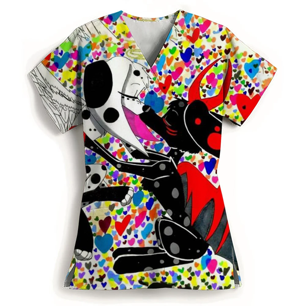 Disney 101 Dalmatian Women's Matte Elastic Matte Anti Wrinkle Care T-shirt V-neck Short Sleeve Medical Matte Top