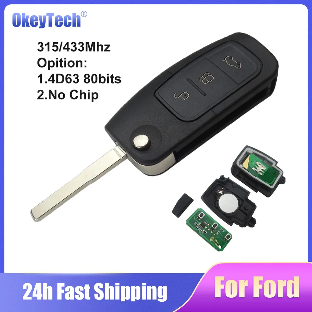 

Okeytech Flip Remote Auto Car Key For Ford Fusion Focus Mondeo Fiesta Galaxy 315/433Mhz With 4D63 Chip 3 Buttons HU101 Uncut