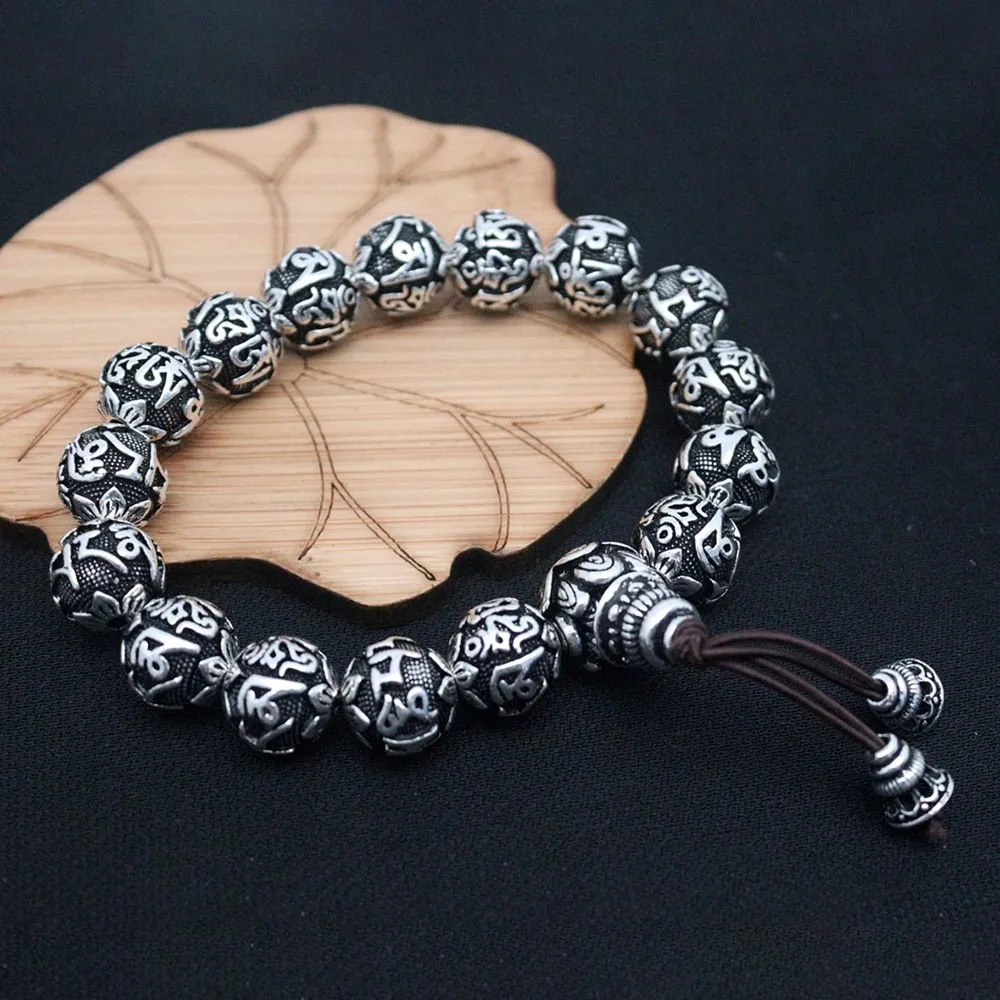 Real Pure 999 Fine Silver Men 12mm Carved Lotus Mantra Round Beads Bracelet 66.65g