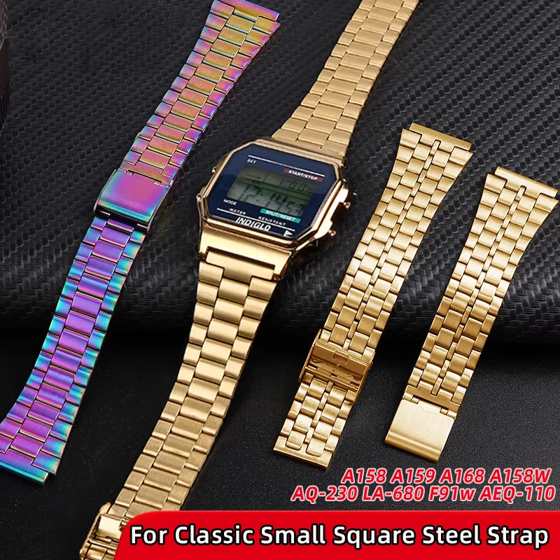 For Casio stainless steel watchBand A158 A159 A168 A158W f91w LA-680 AEQ-110 f91w small gold watch strap 18mm Wristband Bracelet