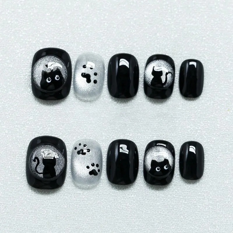 

Purely handmade wearing armor cute cat claws short square circle white three-dimensional glass beads cat eye manicure