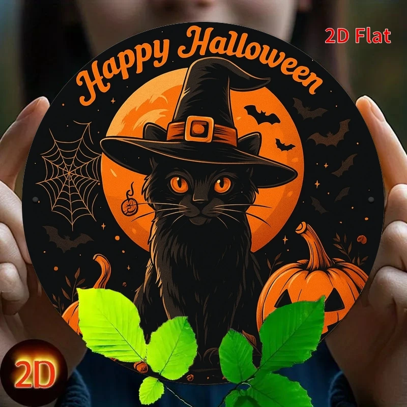 CIFBUY Vintage American Style Round Aluminum Wall Art Waterproof Durable 2D Printed Black Cat Pumpkin Sign for Porch Bedroom Cab