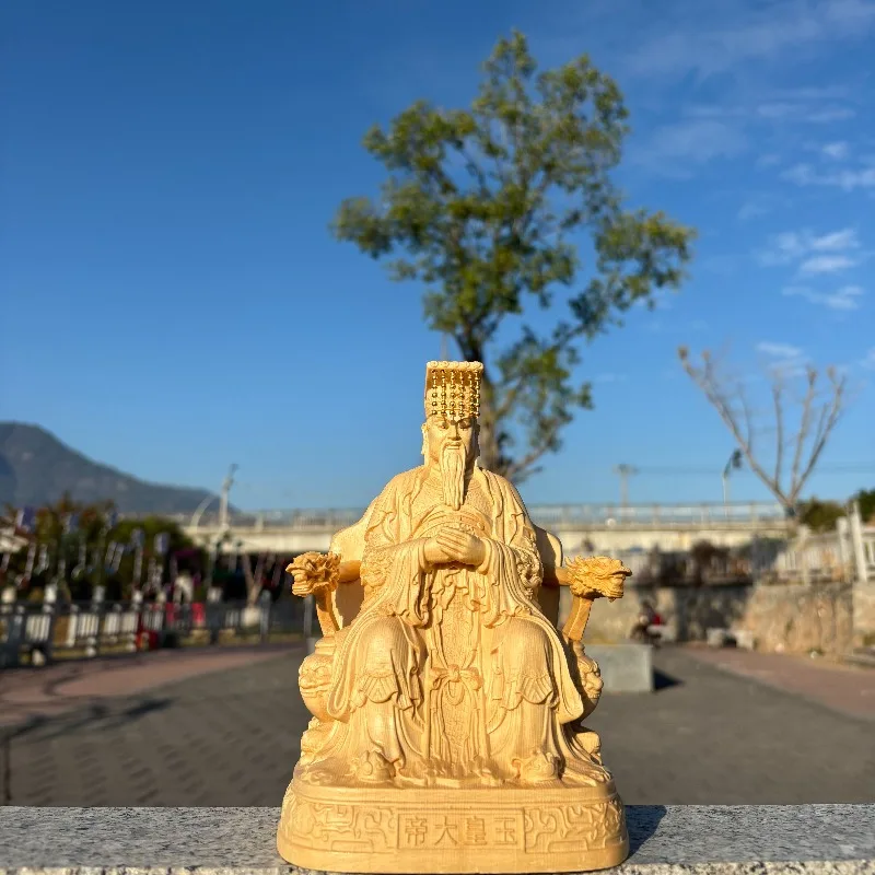 

Ручная резная статуя императора из дерева Хиноки с нефритом - 7 "/12" фигурка даосского божество на троне дракона для домашнего декора храма