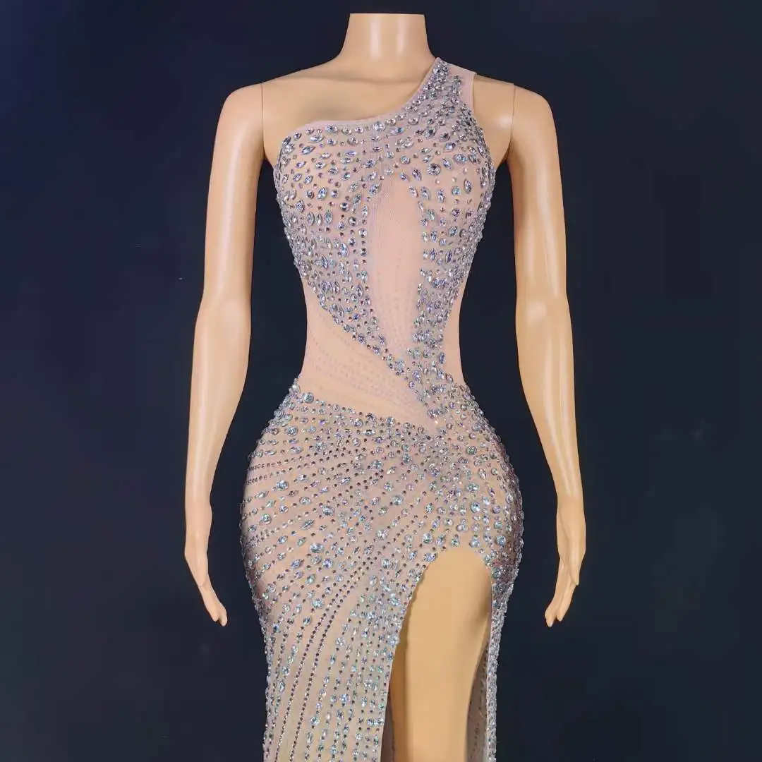 المرأة بقماش شفاف الفضة حجر الراين فيغاس Showgirl كريستال فستان طويل لحفلة عيد ميلاد المغني أداء سحب الملكة زي