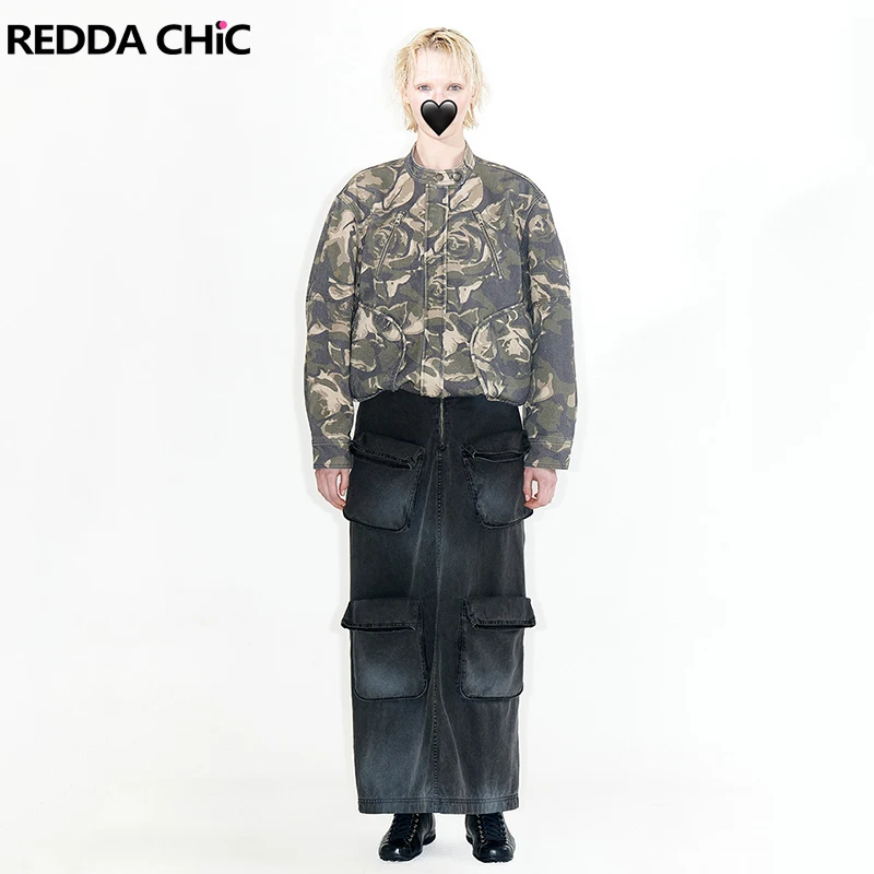 

ReddaChic ICON Retro Gray Cargo Jeans Skirt Women Multi-pocket Straight Zip-up Slit Denim Maxi Skirt Harajuku Grunge Streetwear