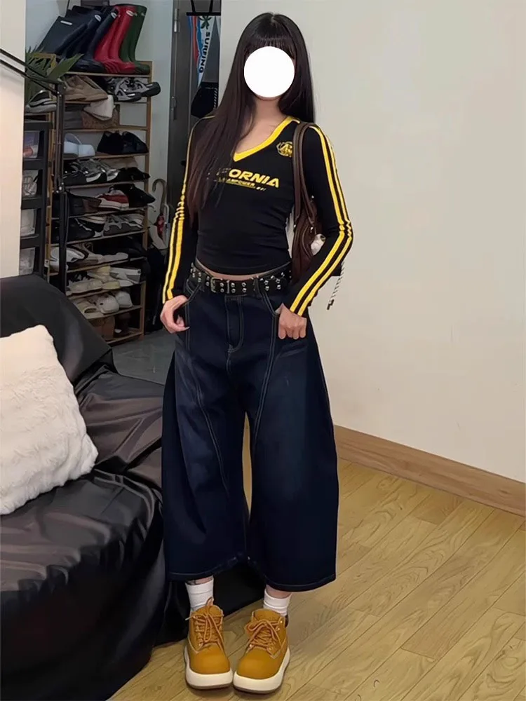 حجم كبير الأمريكية با خياطة الربط سكين الجينز المرأة الخريف جديد واسعة الساق سبعة أقدام orts الدنيم السراويل عالية الخصر